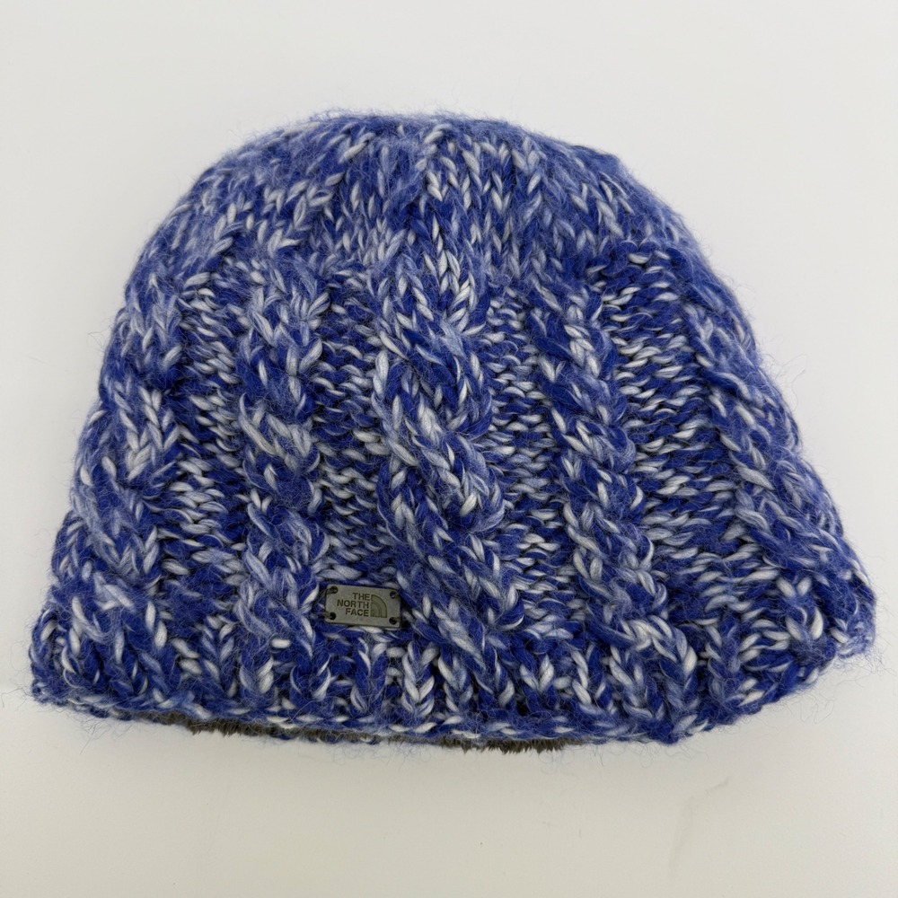 The North Face Blue Marled Cable Knit Fleece Lined Wool Blend Beanie Hat Unisex